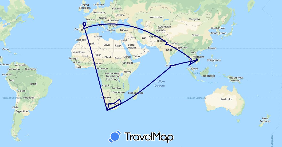 TravelMap itinerary: driving in Spain, India, Cambodia, Sri Lanka, Myanmar (Burma), Thailand, South Africa (Africa, Asia, Europe)