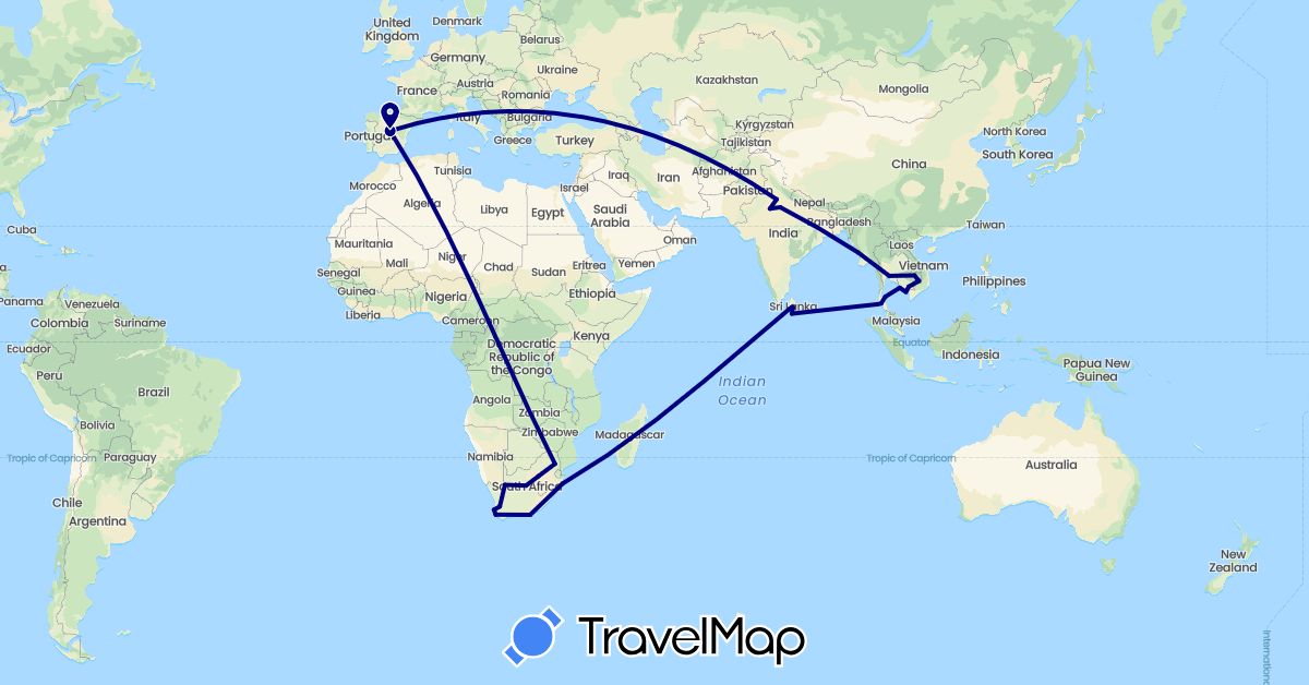 TravelMap itinerary: driving in Spain, India, Cambodia, Sri Lanka, Myanmar (Burma), Thailand, South Africa (Africa, Asia, Europe)